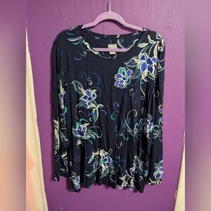 💜 Chico's Navy Floral Paisley Pattern Long Sleeve Blouse XXL 1X 16 18